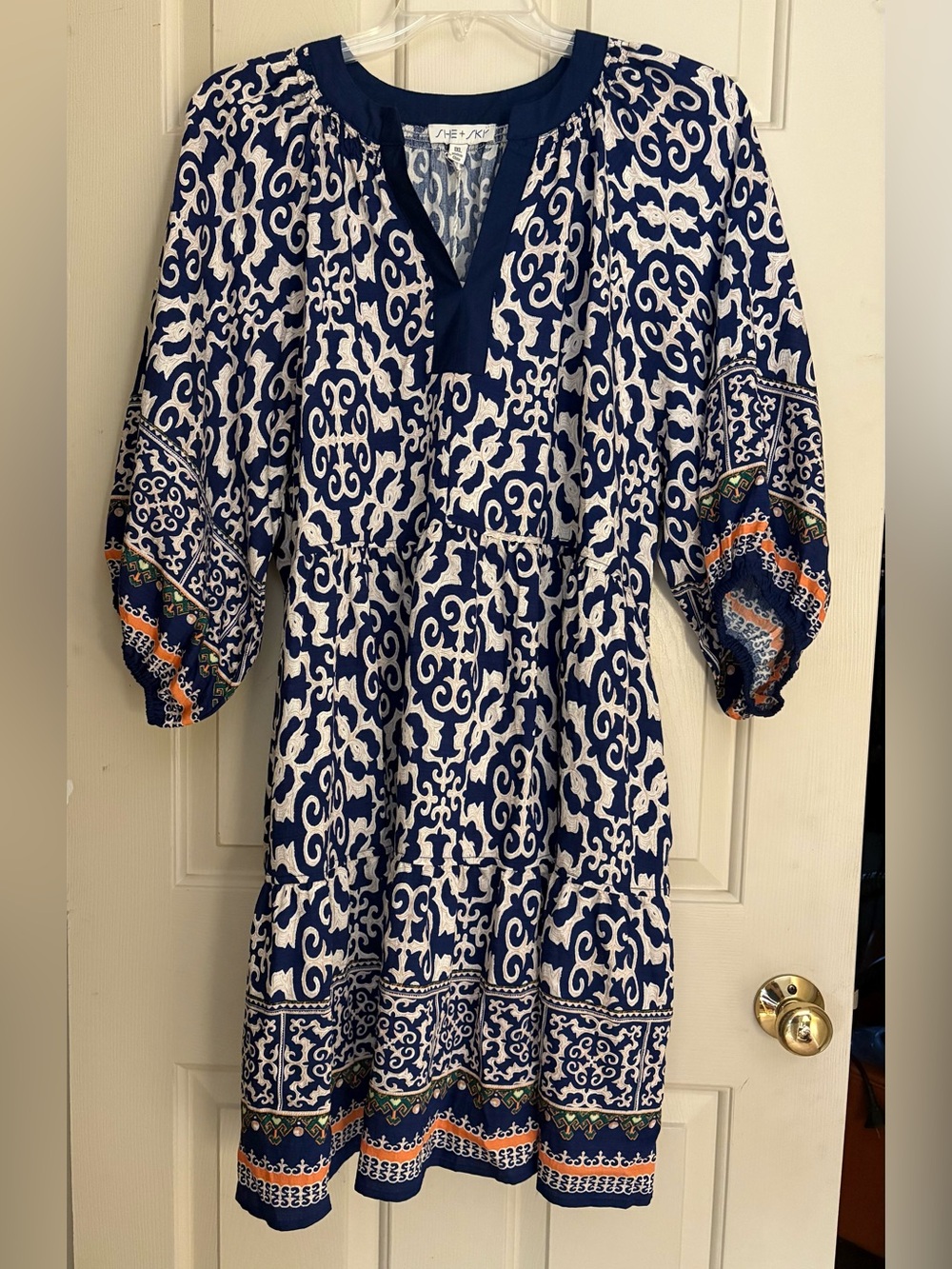She & Sky Navy & White Printed V-Neck Dress, Size 1x, NWT